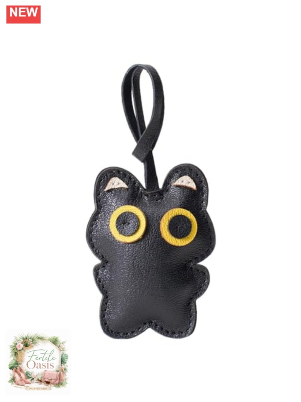Faux Leather PU Black Cat Bag Charm Keychain Purse Accessory